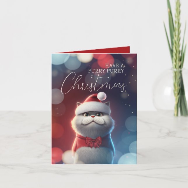 Cute Santa Cat Furry Christmas Card (Front)