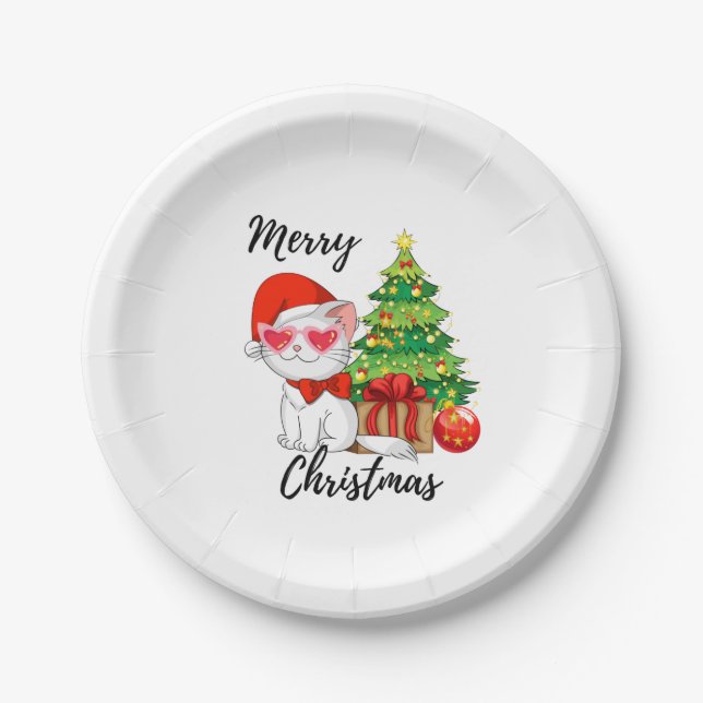 Cute Santa Cat Merry Christmas Tree Paper Plates (Front)
