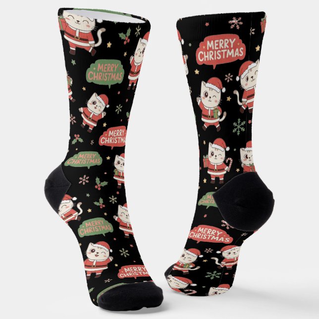 Cute Santa Cat Pattern "Merry Christmas" Holiday  Socks (Angled)