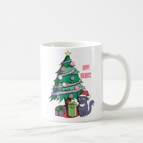Cute Santa Cat Under a Christmas Tree Illustration Coffee Mug
