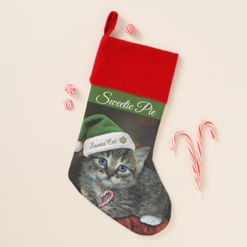 Cute Santa Cat with Candy Cane Christmas Hat Christmas Stocking