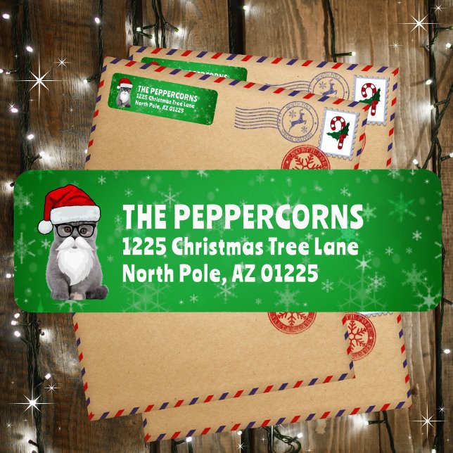 Cute Santa Christmas Cat Green Return Address Label (Available in multiple colors. Personalize and make it your own!)