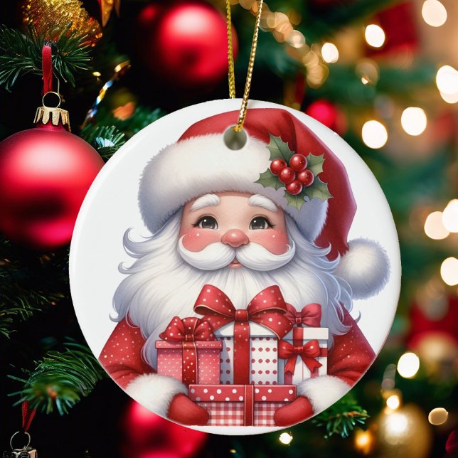 Cute Santa Christmas Gifts Add Name & Date Ceramic Ornament (Creator Uploaded)