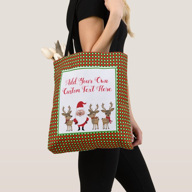 Cute Santa Christmas Plaid Custom Typography Tote Bag (Close Up)