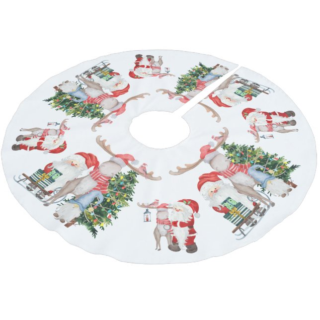 Cute Santa Christmas Tree Reindeer and Gnome Brushed Polyester Tree Skirt (Angled)
