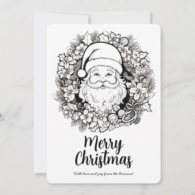 Cute Santa Christmas Wreath Coloring Holiday Card (Front)