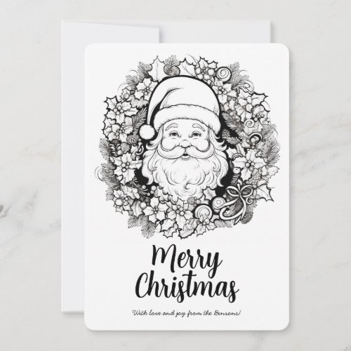 Cute Santa Christmas Wreath Coloring Holiday Card