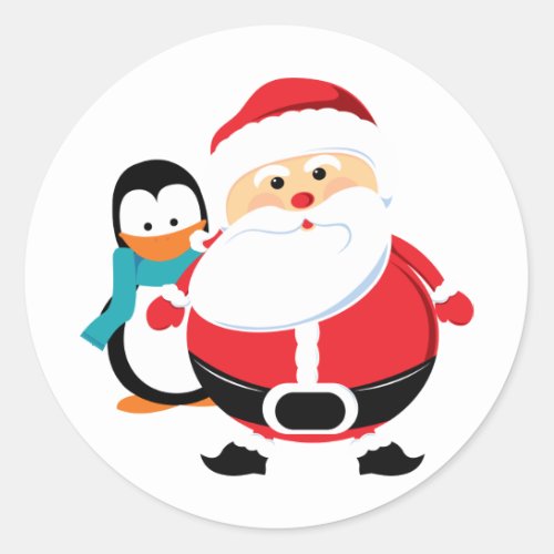Cute Santa Claus And Penguin Classic Round Sticker