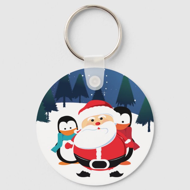 Cute Santa Claus And Penguin In Winter Scene Keychain (Front)