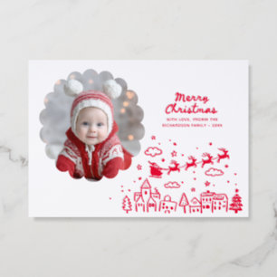 Cute Santa Claus and Reindeers Merry Christmas  Letterpress Photo Cards