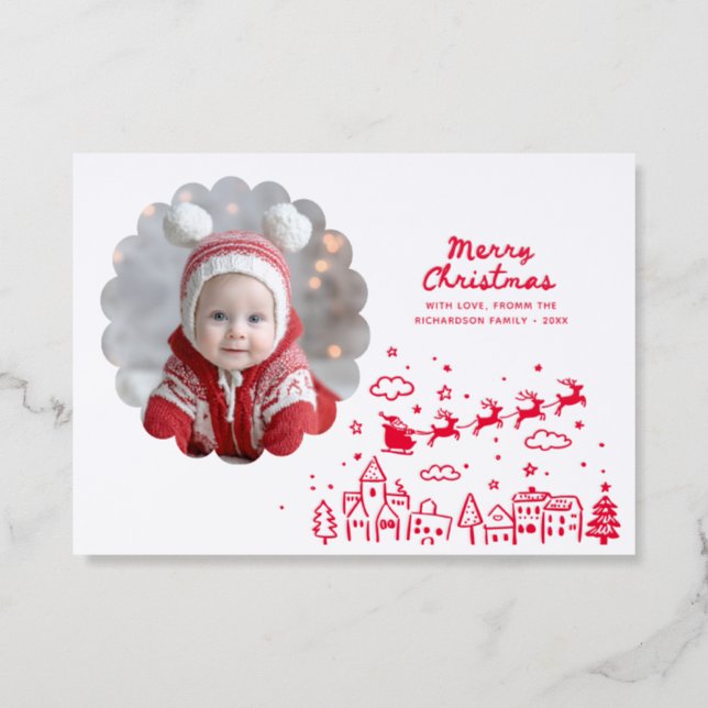 Cute Santa Claus and Reindeers Merry Christmas  Letterpress Photo Cards (Front)