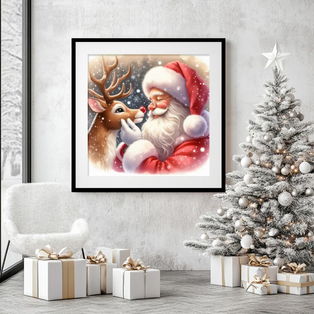 Cute Santa Claus and Rudolph Christmas Wall Art (Cute Santa Rudolph Watercolor Christmas Wall Art Print)