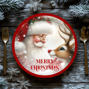 Cute Santa Claus and Rudolph Funny Holiday Paper Paper Plates