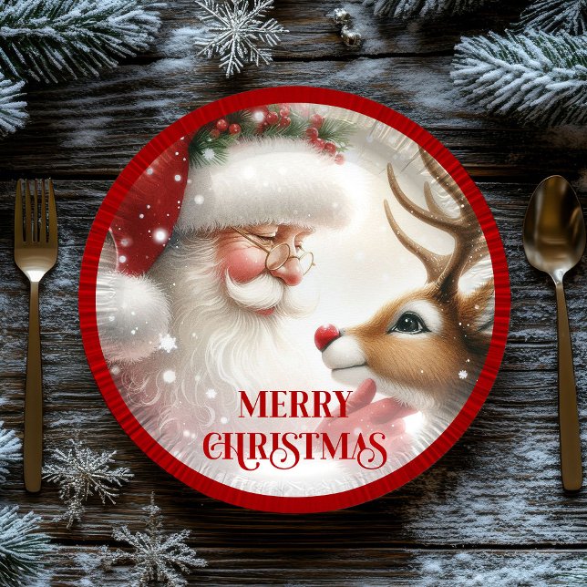 Cute Santa Claus and Rudolph Funny Holiday Paper  Paper Plates (Cute Santa Claus and Rudolph Funny Holiday Paper Plates

)