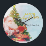 Cute Santa Claus Christmas Pine Tree Large Clock<br><div class="desc">Santa Claus with Merry Christmas.</div>