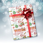 Cute Santa Claus Christmas Sweets Personalized Wrapping Paper<br><div class="desc">Here's a bright, colorful, and fun Christmas wrapping paper for kids that you can personalize with their name and yours! It features a jolly image of Santa Claus with an armful of gifts, and an adorable gingerbread cookie train with peppermint wheels. Along with those images are a green frosted Holiday...</div>