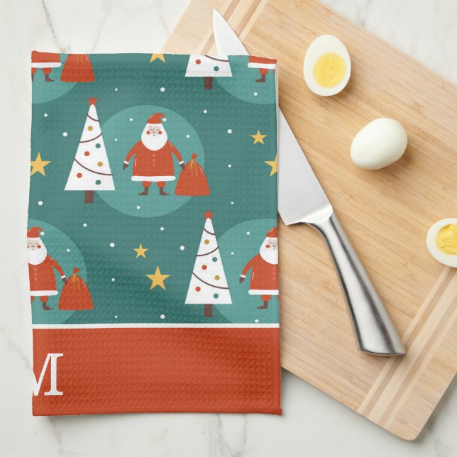 Cute Santa Claus Christmas Tree Pattern Monogram Kitchen Towel (Quarter Fold)