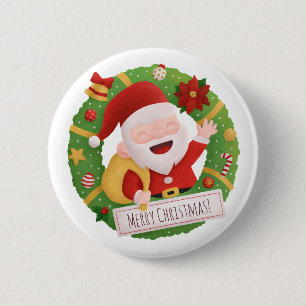 Cute Santa Claus Christmas Wreath Button