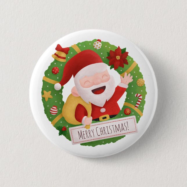 Cute Santa Claus Christmas Wreath Button (Front)