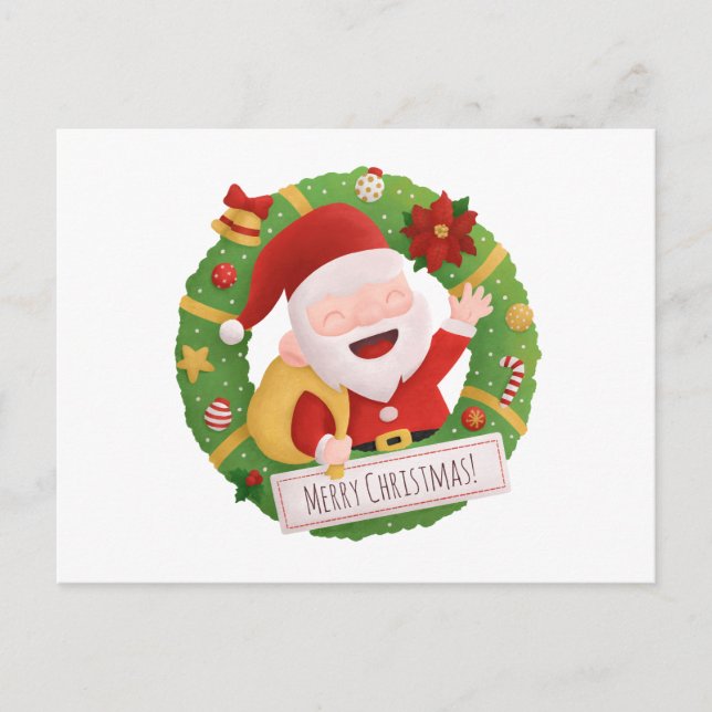 Cute Santa Claus Christmas Wreath Postcard (Front)
