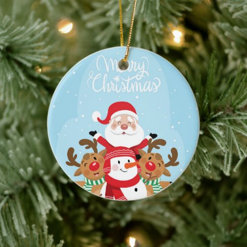 Cute Santa Claus deer and snowman Ceramic Ornament