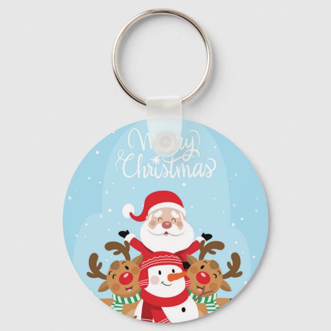 Cute Santa Claus, deer and snowman Keychain (Front)
