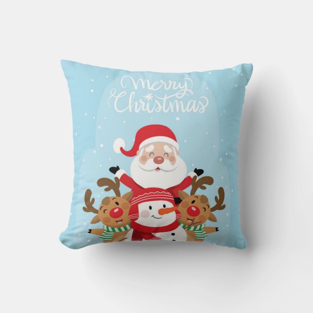 Cute Santa Claus, deer and snowman Throw Pillow (Front)