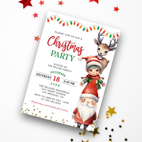 Cute Santa Claus Elf Reindeer Kids Christmas Party Invitation