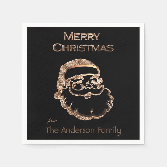 Cute Santa Claus Father Christmas Black and Gold Napkins (Front)