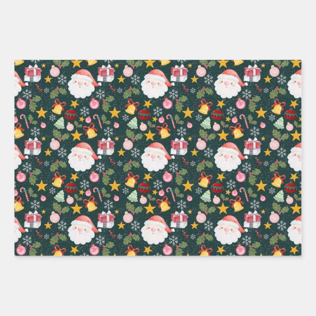 Cute Santa Claus Holiday Seamless Pattern Wrapping Paper Sheets (Front)
