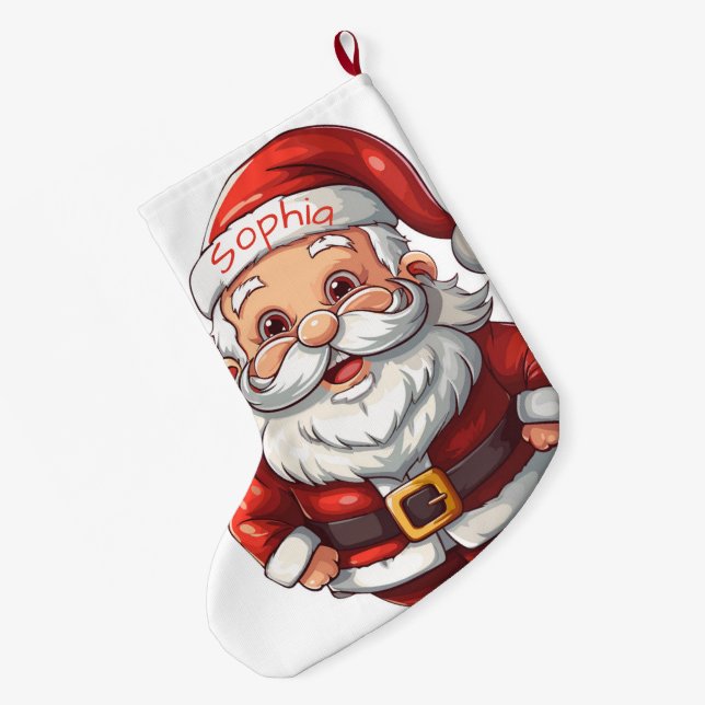 Cute Santa Claus Large Christmas Stocking (Back (Hanging))