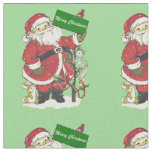 Cute Santa Claus Little Animals Tree Light Green Fabric