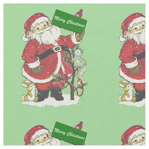 Cute Santa Claus Little Animals Tree Light Green Fabric