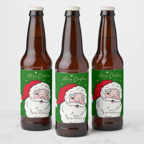 Cute Santa Claus Merry Christmas Gift Tag Wine Lab Beer Bottle Label