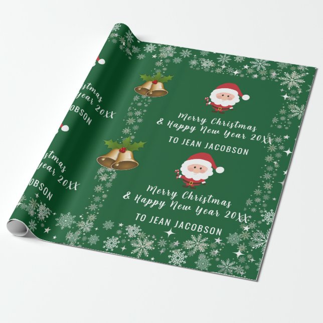 Cute Santa Claus Modern Script Personalized Name Wrapping Paper (Unrolled)