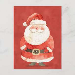 Cute Santa Claus on Red Watercolor Christmas Postcard