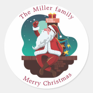 Cute santa claus on the roof monogram holiday classic round sticker