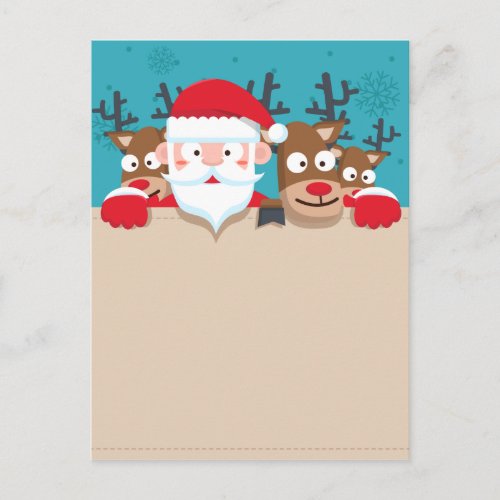 Cute Santa Claus peeking with reindeers Christmas Holiday Postcard