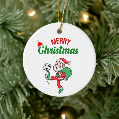 Cute Santa Claus Playing Soccer Christmas Cartoon  Ceramic Ornament
