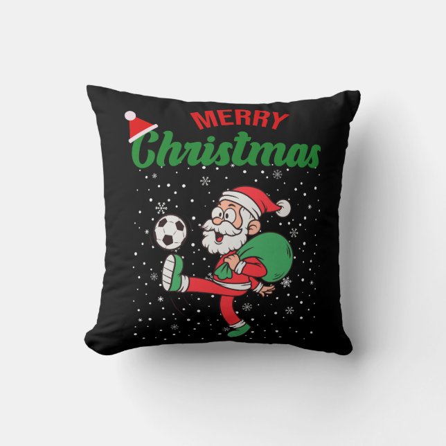Cute Santa Claus Playing Soccer Christmas Cartoon  Throw Pillow (Front)