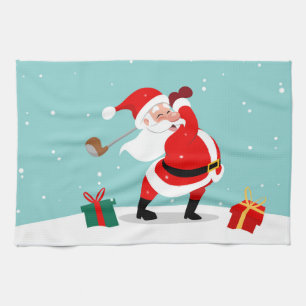 Cute Santa Claus plays golf illustration Kitchen Towel