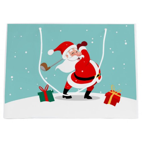 Cute Santa Claus plays golf illustration Large Gift Bag