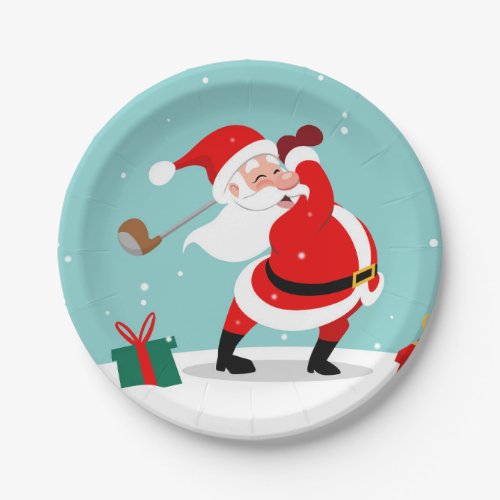 Cute Santa Claus plays golf illustration Paper Plates
