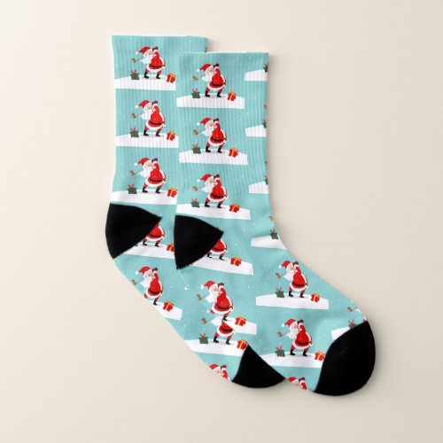 Cute Santa Claus plays golf illustration Socks
