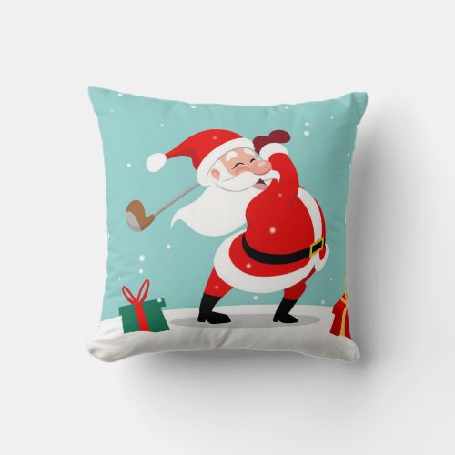 Cute Santa Claus plays golf illustration Throw Pillow