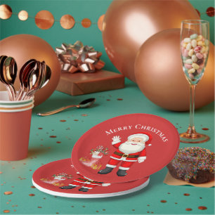 Cute Santa Claus Red Berries Red Christmas Party Paper Plates