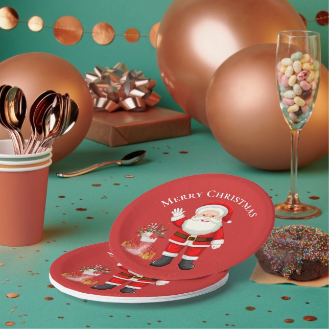 Cute Santa Claus Red Berries Red Christmas Party Paper Plates (Multi)