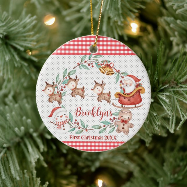 Cute Santa Claus Reindeer 1st Christmas Photo Ceramic Ornament (Tree)