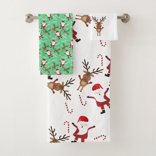 Cute Santa Claus Reindeer Candy Canes Pattern Bath Towel Set (Insitu)