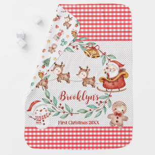 Cute Santa Claus Reindeer Snowman 1st Christmas Baby Blanket